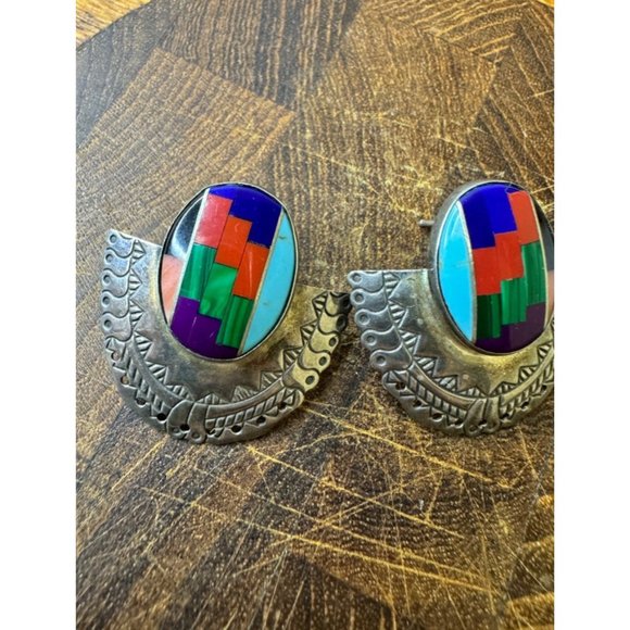 TK Sterling Silver Southwest Earrings Signed Vintage 7.01g - Picture 2 of 8